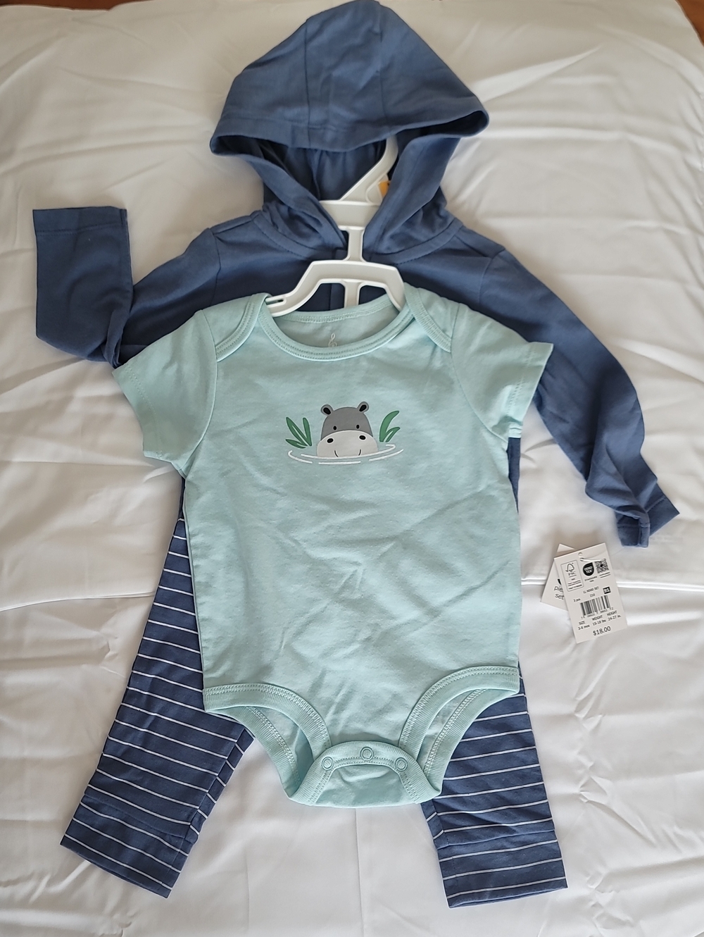 Blue Hooded Set with Light Aqua Hippo Bodysuit - Kids Three-Piece